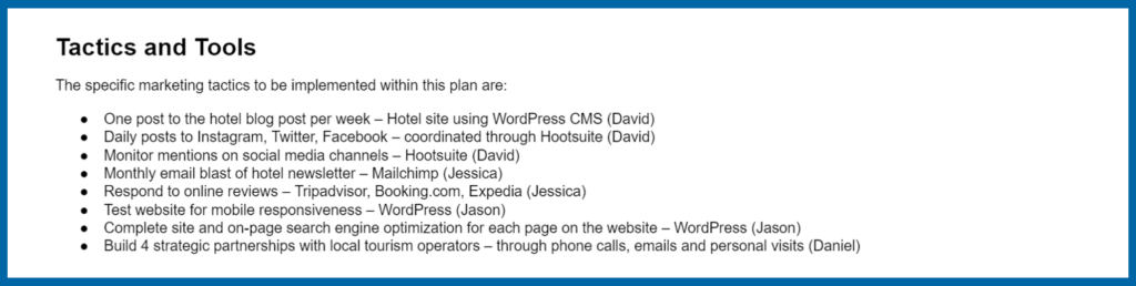 A sample of the tactics and tools listed in a hotel marketing plan.